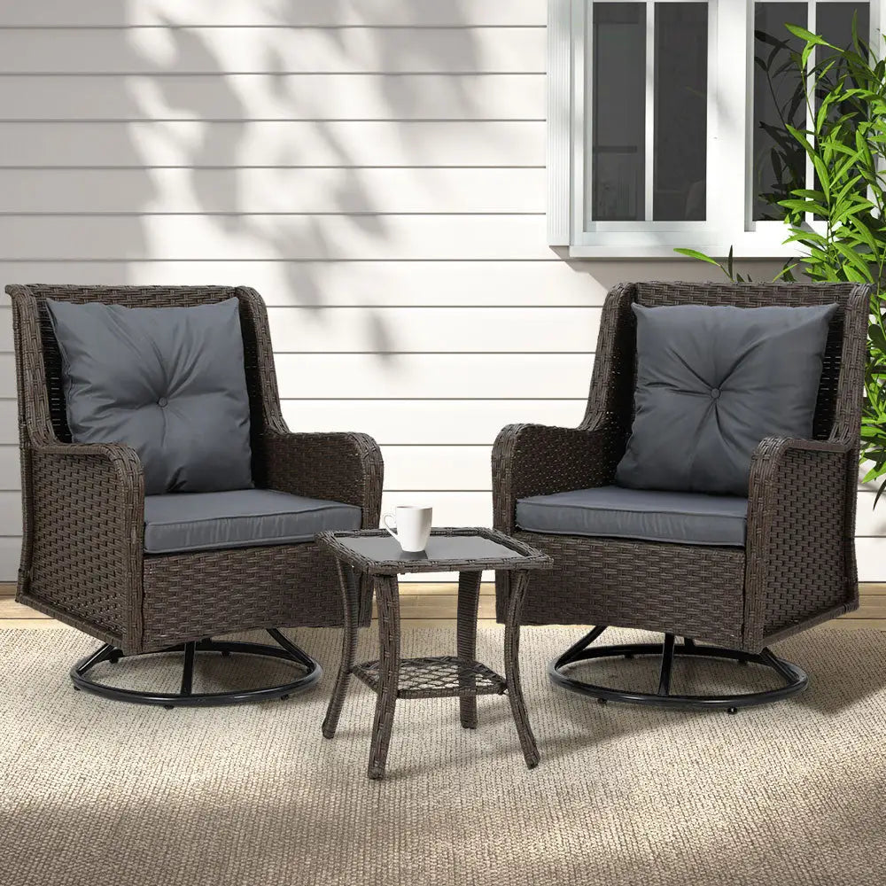 Gardeon 3PC Outdoor Furniture Bistro Set Lounge Wicker Swivel Chairs Table Cushion Brown - Furniture > Outdoor