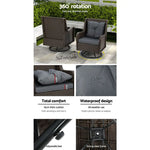 Gardeon 3PC Outdoor Furniture Bistro Set Lounge Wicker Swivel Chairs Table Cushion Brown - Furniture > Outdoor