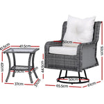 Gardeon 3PC Outdoor Furniture Bistro Set Lounge Wicker Swivel Chairs Table Cushion Grey - Furniture > Outdoor > Outdoor