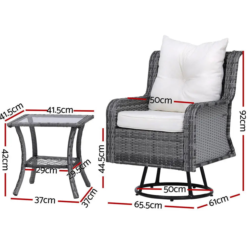 Gardeon 3PC Outdoor Furniture Bistro Set Lounge Wicker Swivel Chairs Table Cushion Grey - Furniture > Outdoor > Outdoor