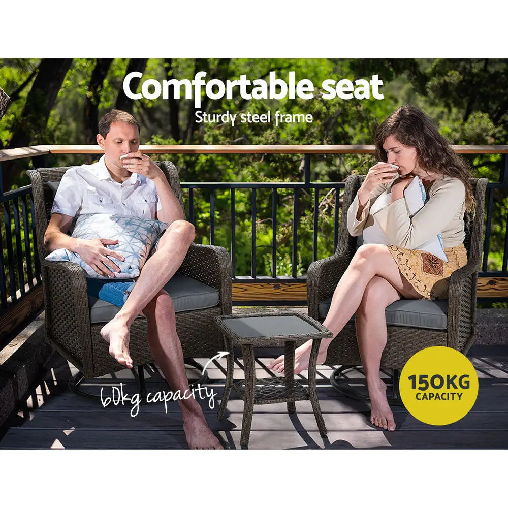 Gardeon 3PC Outdoor Furniture Bistro Set Lounge Wicker Swivel Chairs Table Cushion Brown - Furniture > Outdoor