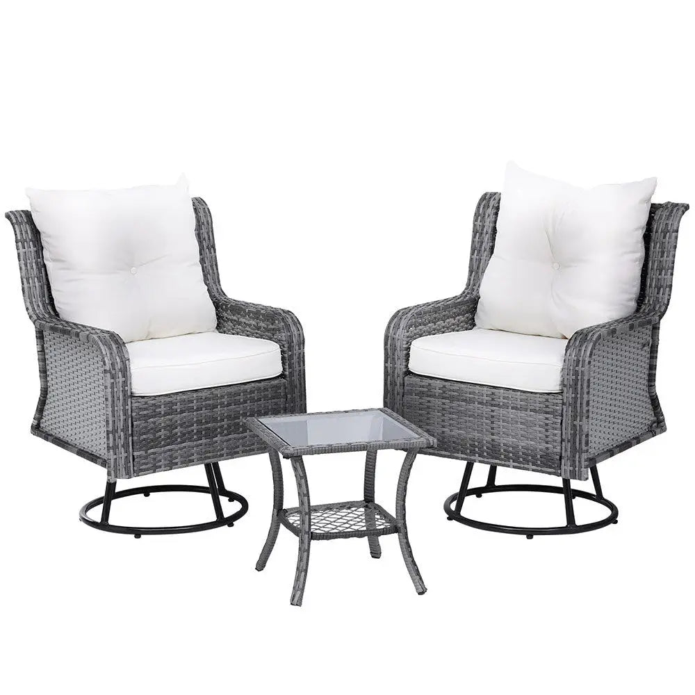 Gardeon 3PC Outdoor Furniture Bistro Set Lounge Wicker Swivel Chairs Table Cushion Grey - Furniture > Outdoor > Outdoor