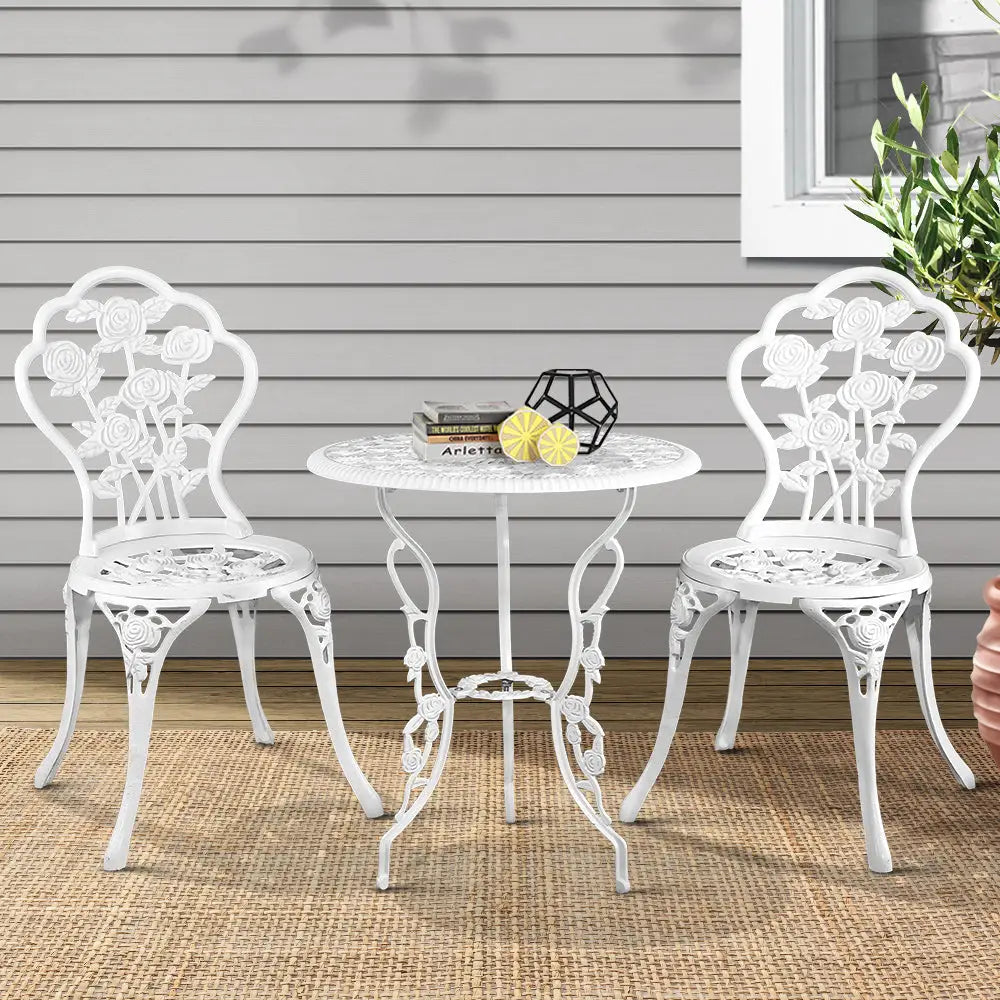 Gardeon 3PC Outdoor Setting Bistro Set Chairs Table Cast Aluminum Patio Furniture Rose White - Furniture > Outdoor
