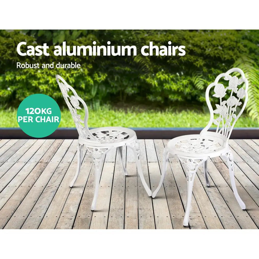 Gardeon 3PC Outdoor Setting Bistro Set Chairs Table Cast Aluminum Patio Furniture Rose White - Furniture > Outdoor