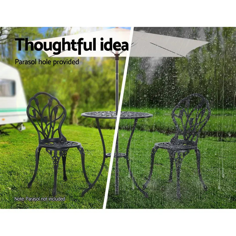 Gardeon 3PC Outdoor Setting Bistro Set Chairs Table Cast Aluminum Patio Furniture Tulip Black - Furniture > Outdoor