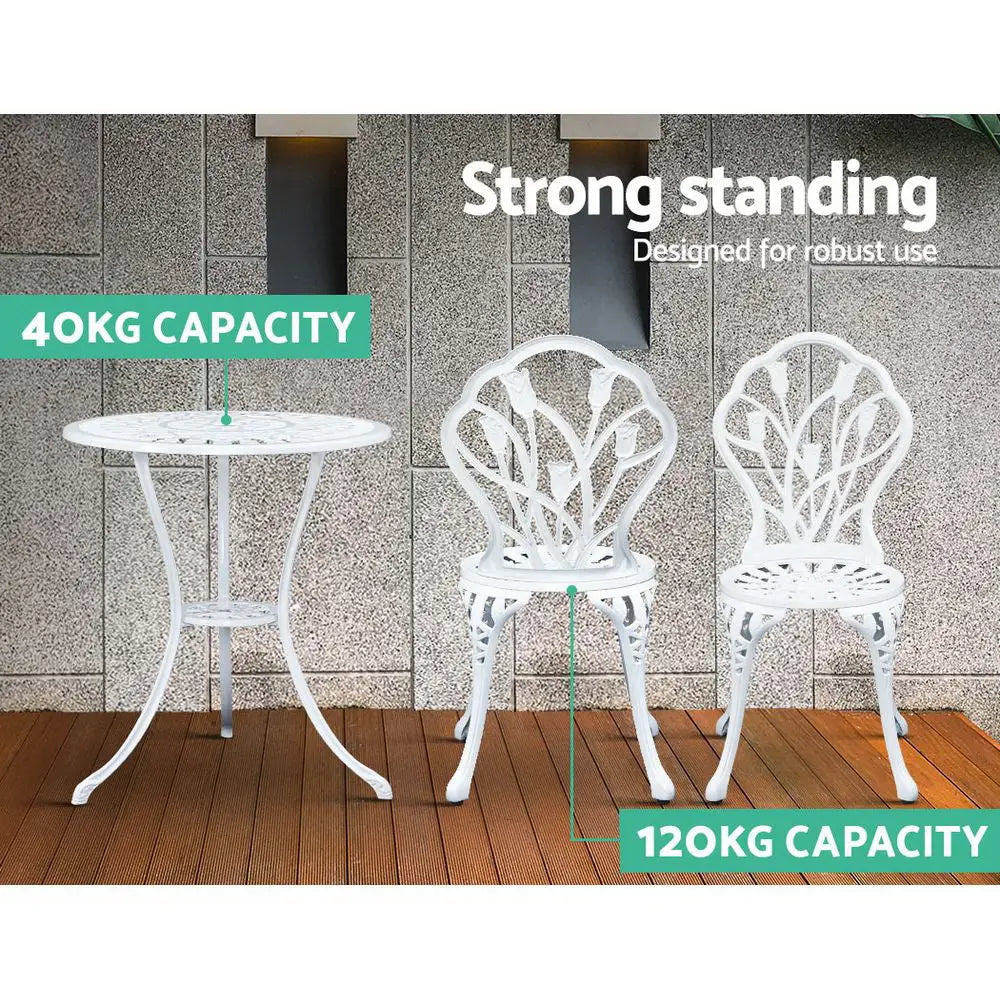 Gardeon 3PC Outdoor Setting Bistro Set Chairs Table Cast Aluminum Patio Furniture Tulip White - Furniture > Outdoor