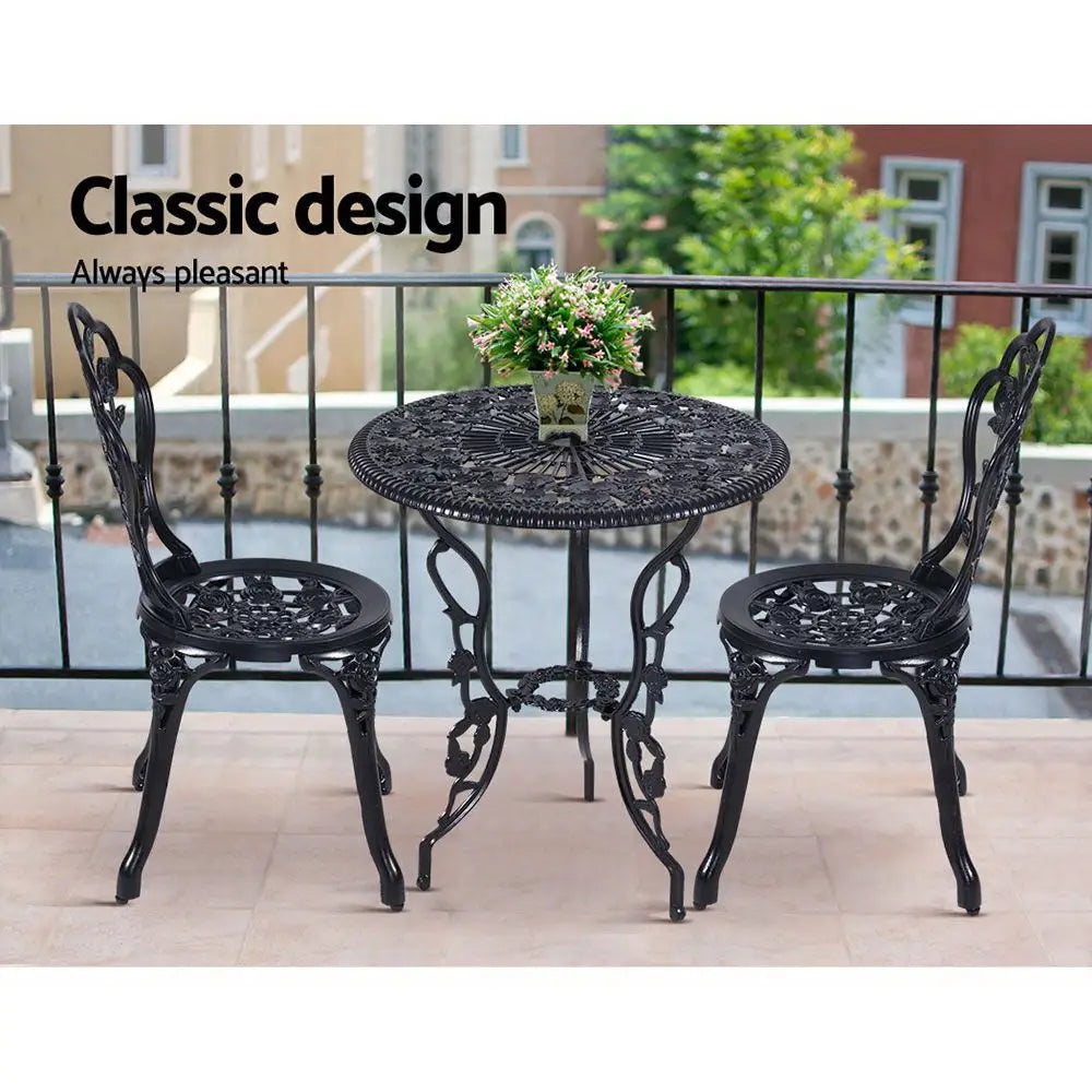 Gardeon 3PC Outdoor Setting Bistro Set Chairs Table Cast Aluminum Rose Black - Furniture > Outdoor
