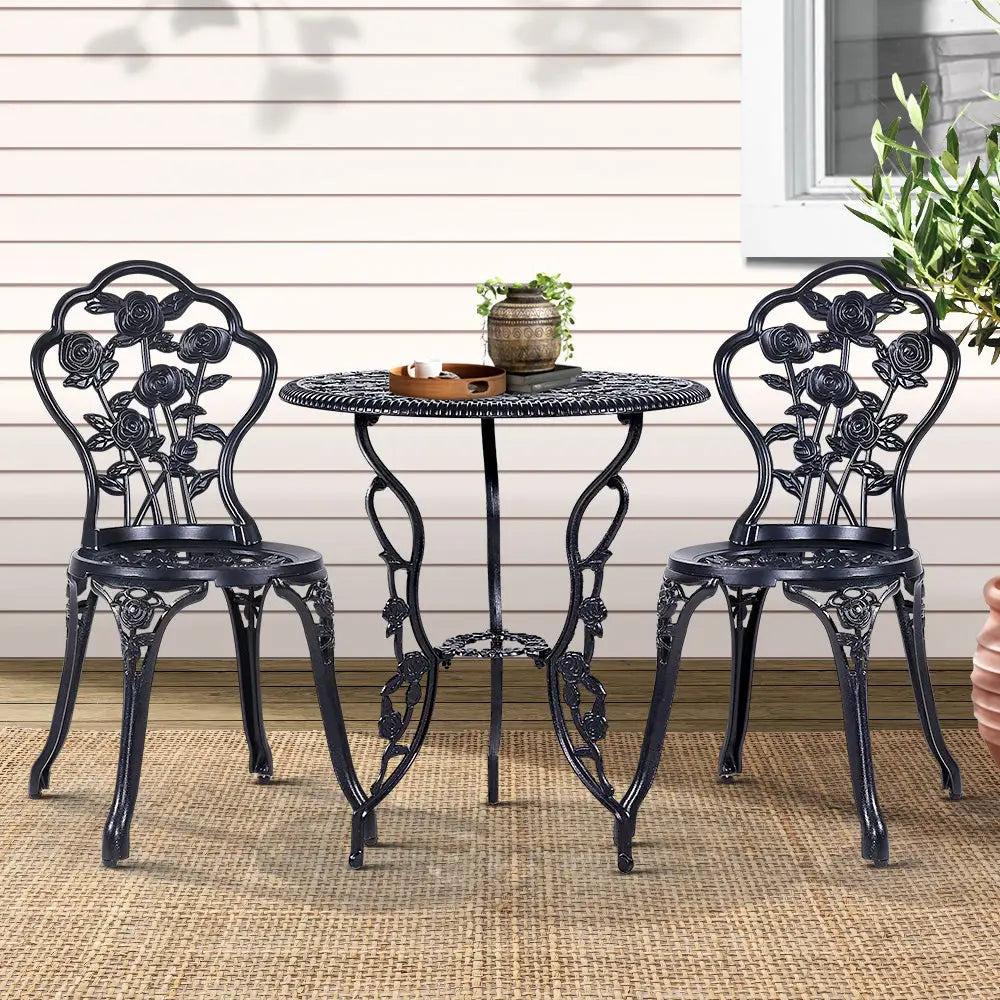 Gardeon 3PC Outdoor Setting Bistro Set Chairs Table Cast Aluminum Rose Black - Furniture > Outdoor