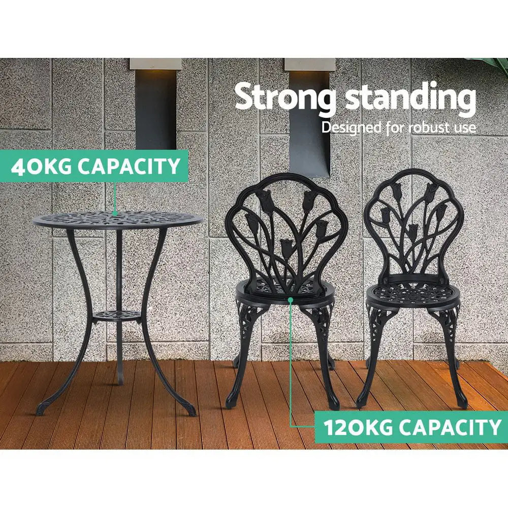 Gardeon 3PC Outdoor Setting Bistro Set Chairs Table Cast Aluminum Patio Furniture Tulip Black - Furniture > Outdoor