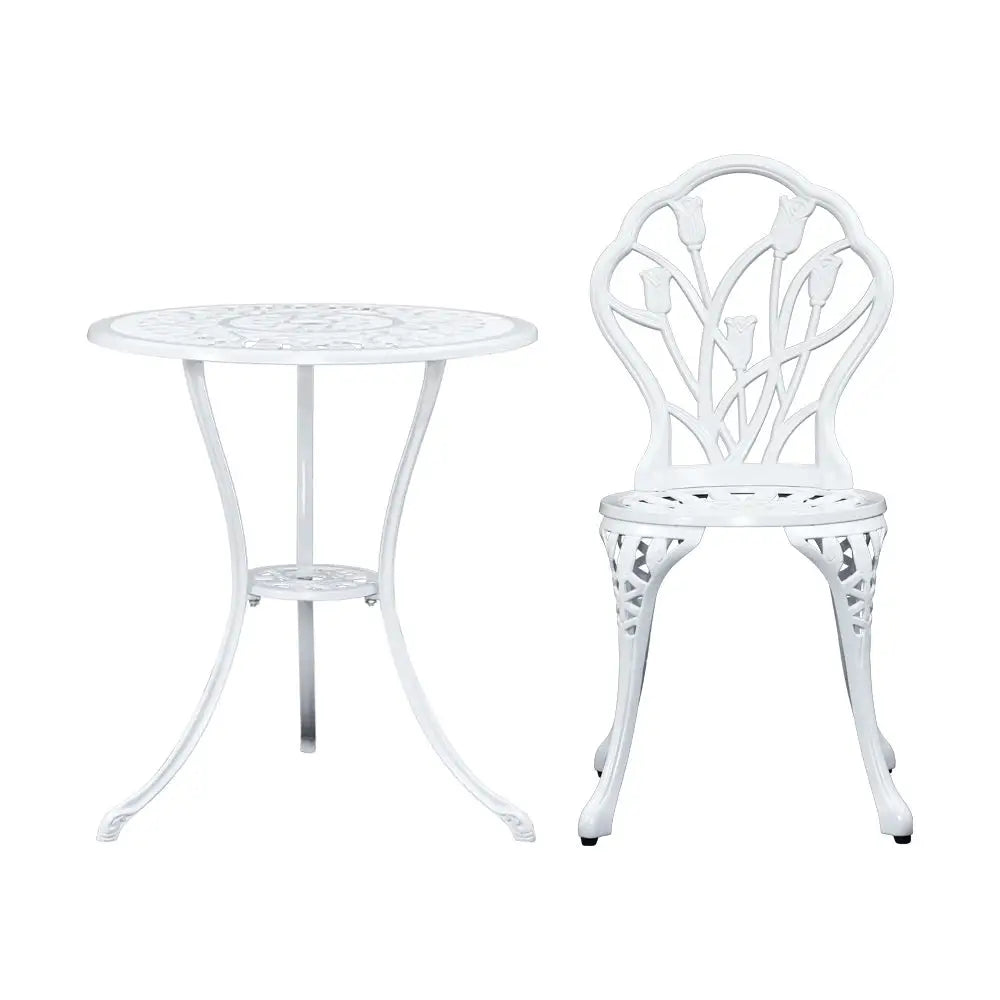 Gardeon 3PC Outdoor Setting Bistro Set Chairs Table Cast Aluminum Patio Furniture Tulip White - Furniture > Outdoor
