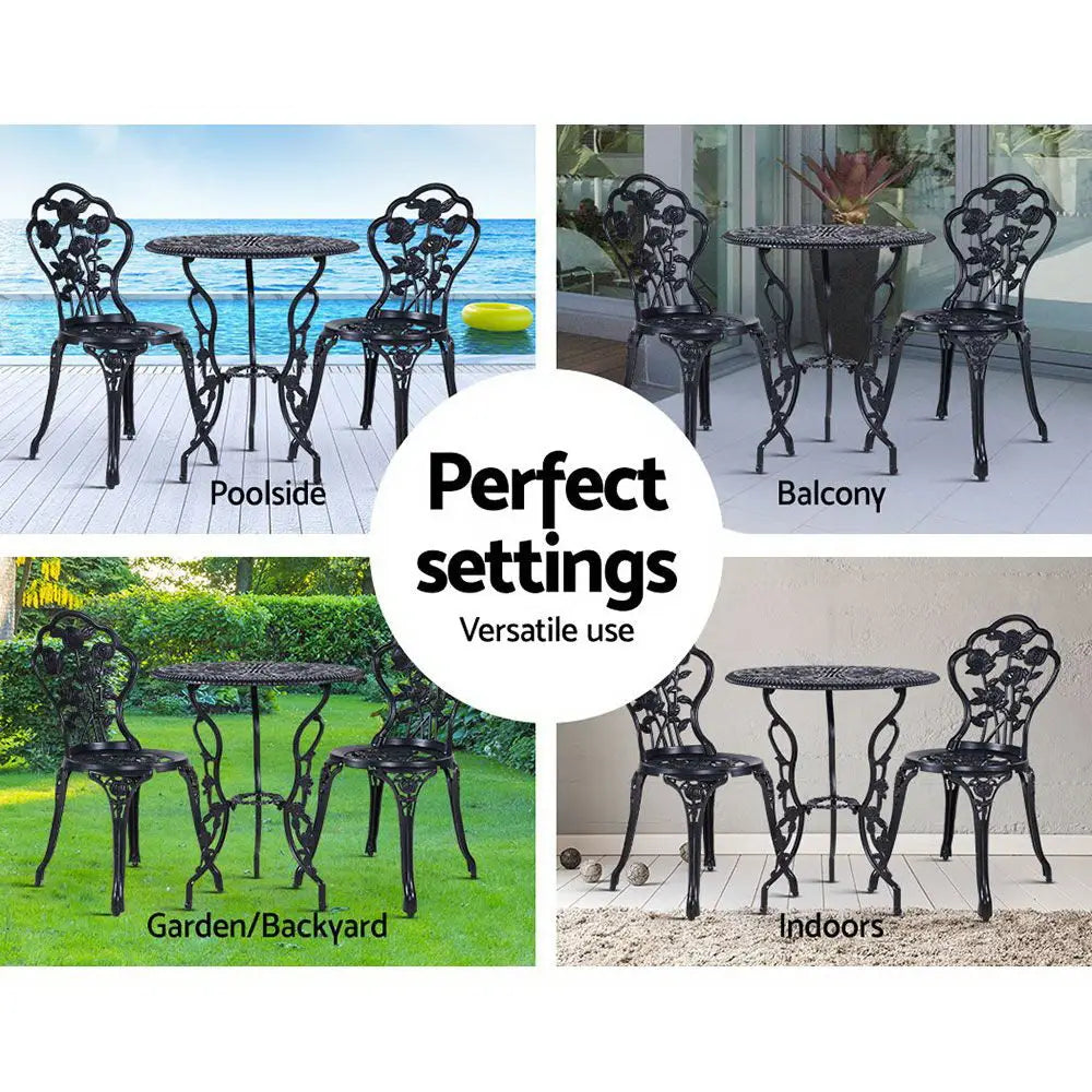 Gardeon 3PC Outdoor Setting Bistro Set Chairs Table Cast Aluminum Rose Black - Furniture > Outdoor