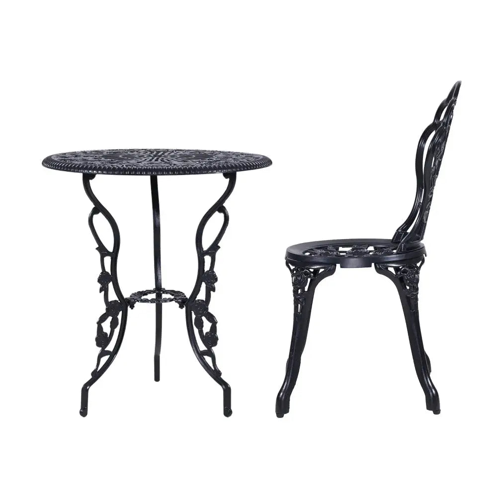 Gardeon 3PC Outdoor Setting Bistro Set Chairs Table Cast Aluminum Rose Black - Furniture > Outdoor