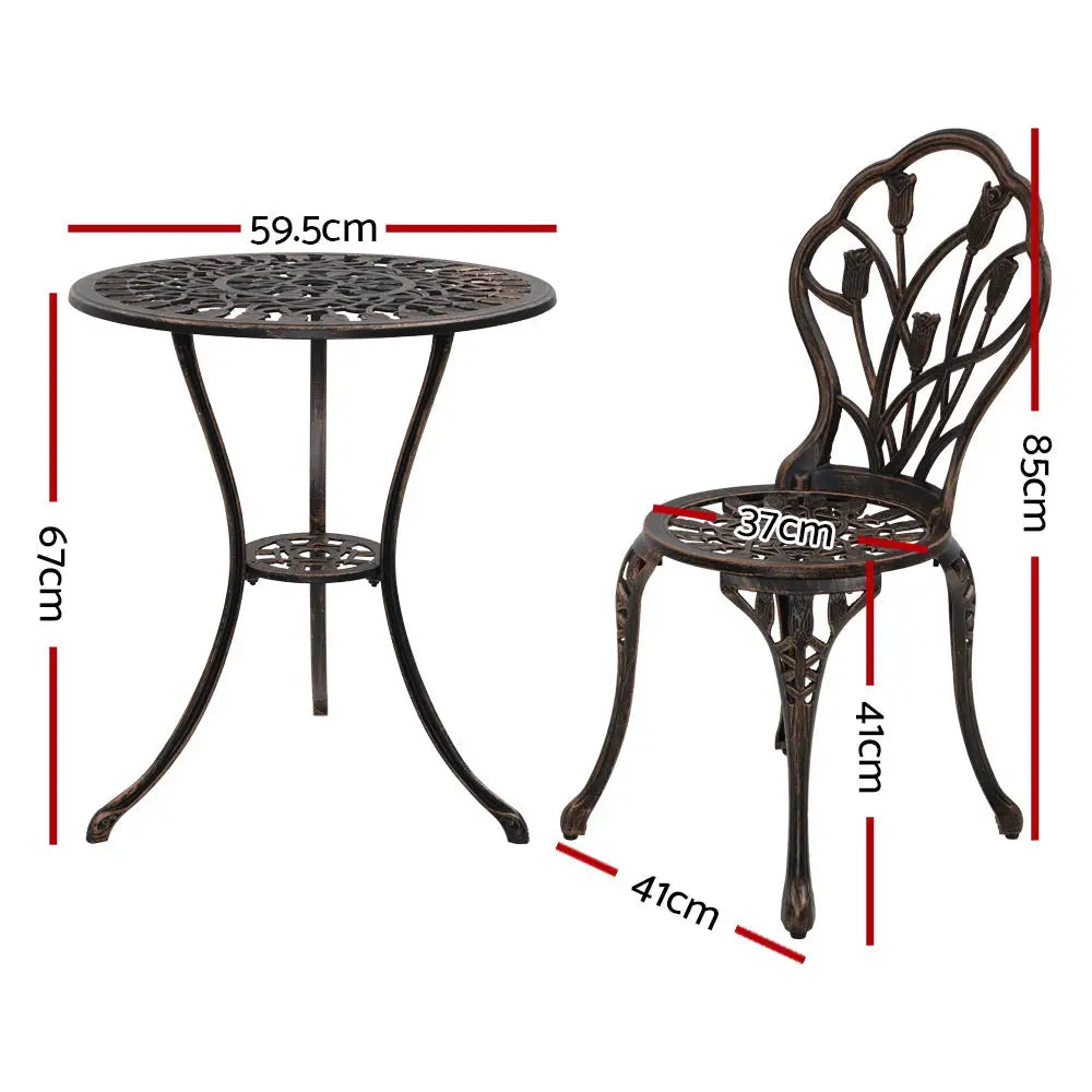 Gardeon 3PC Outdoor Setting Bistro Set Chairs Table Cast Aluminum Patio Furniture Tulip Bronze - Furniture > Outdoor