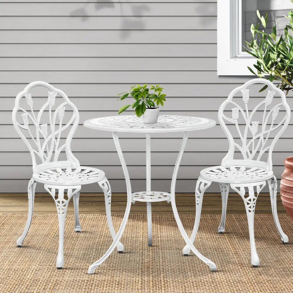 Gardeon 3PC Outdoor Setting Bistro Set Chairs Table Cast Aluminum Patio Furniture Tulip White - Furniture > Outdoor