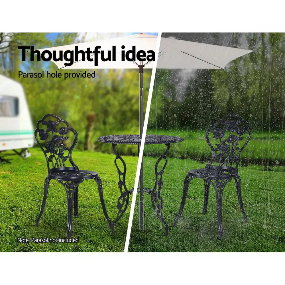 Gardeon 3PC Outdoor Setting Bistro Set Chairs Table Cast Aluminum Rose Black - Furniture > Outdoor
