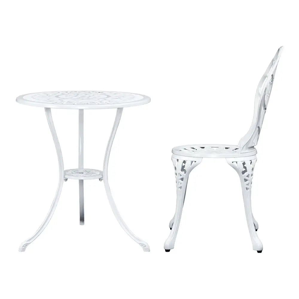Gardeon 3PC Outdoor Setting Bistro Set Chairs Table Cast Aluminum Patio Furniture Tulip White - Furniture > Outdoor