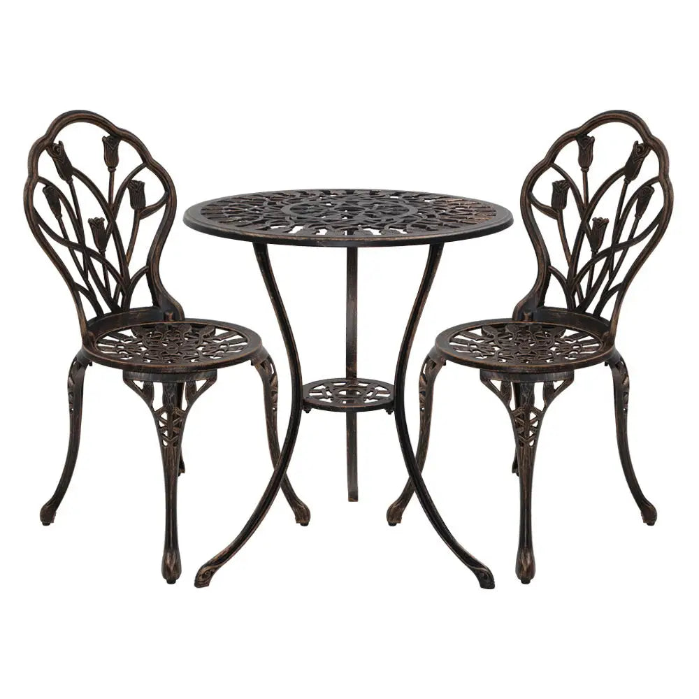 Gardeon 3PC Outdoor Setting Bistro Set Chairs Table Cast Aluminum Patio Furniture Tulip Bronze - Furniture > Outdoor