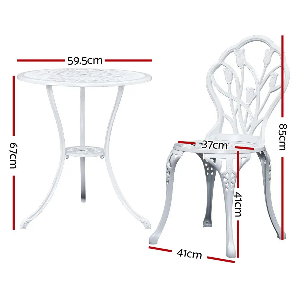 Gardeon 3PC Outdoor Setting Bistro Set Chairs Table Cast Aluminum Patio Furniture Tulip White - Furniture > Outdoor