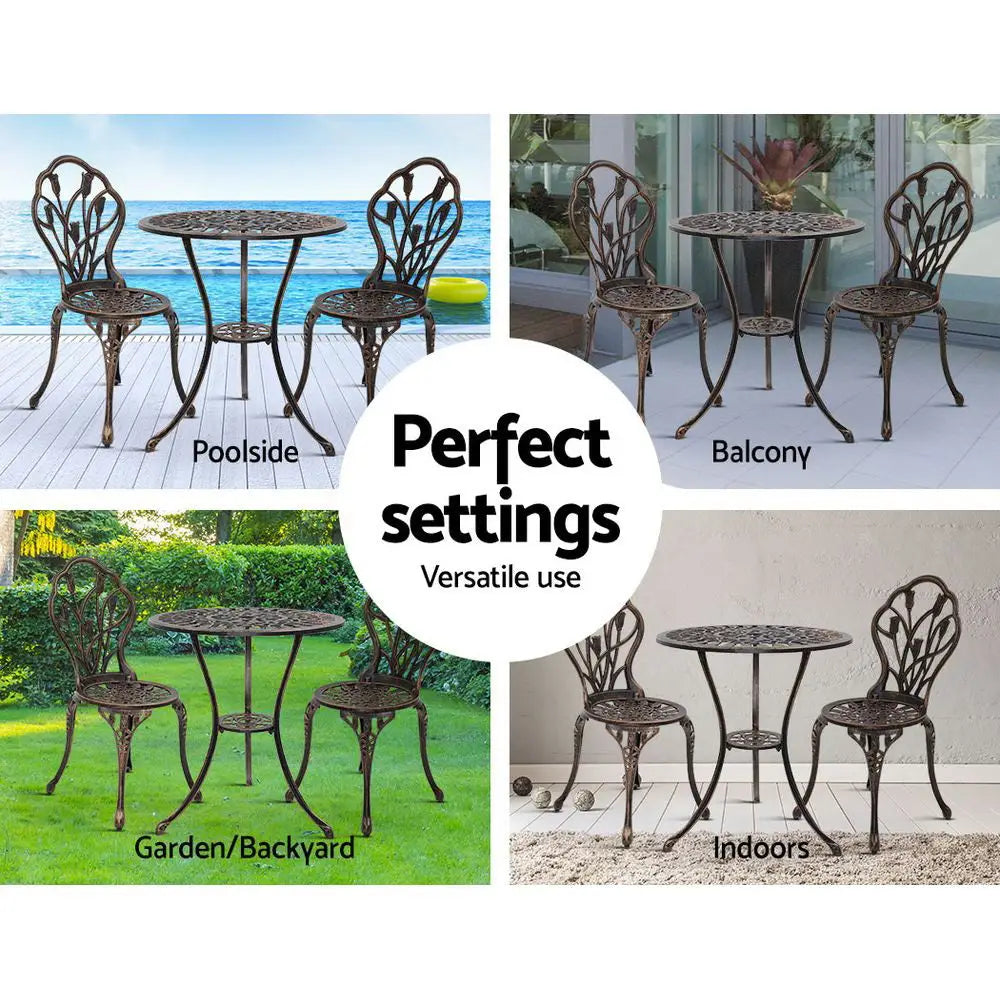 Gardeon 3PC Outdoor Setting Bistro Set Chairs Table Cast Aluminum Patio Furniture Tulip Bronze - Furniture > Outdoor