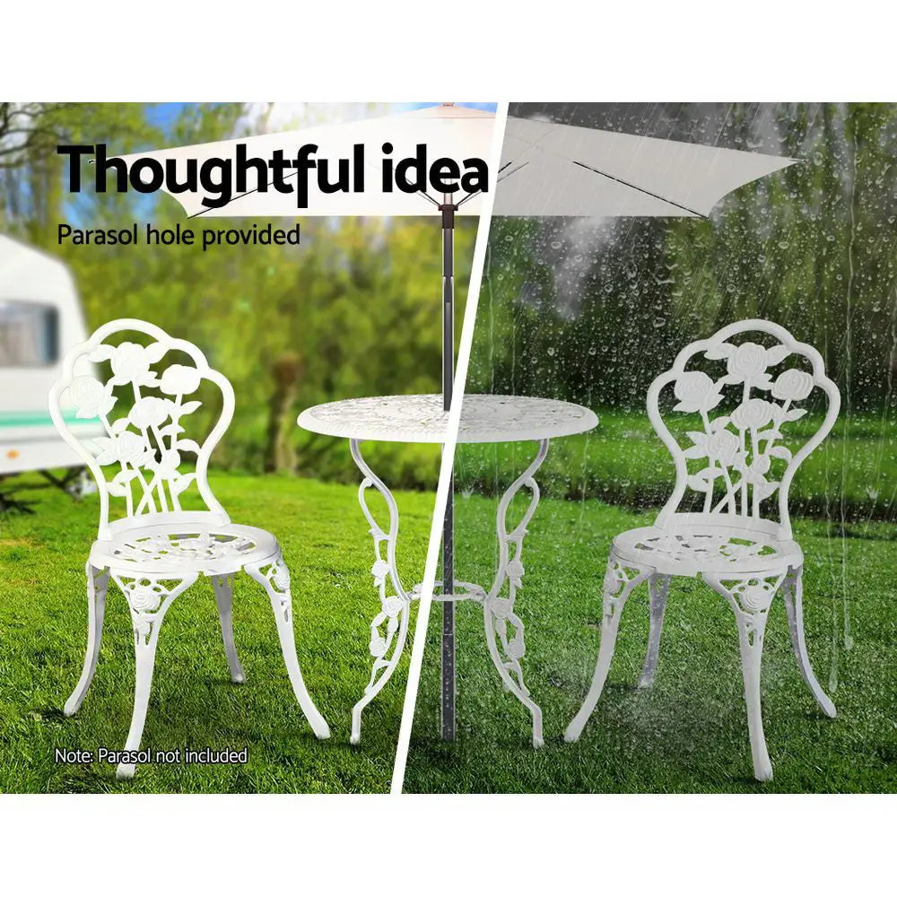 Gardeon 3PC Outdoor Setting Bistro Set Chairs Table Cast Aluminum Patio Furniture Rose White - Furniture > Outdoor