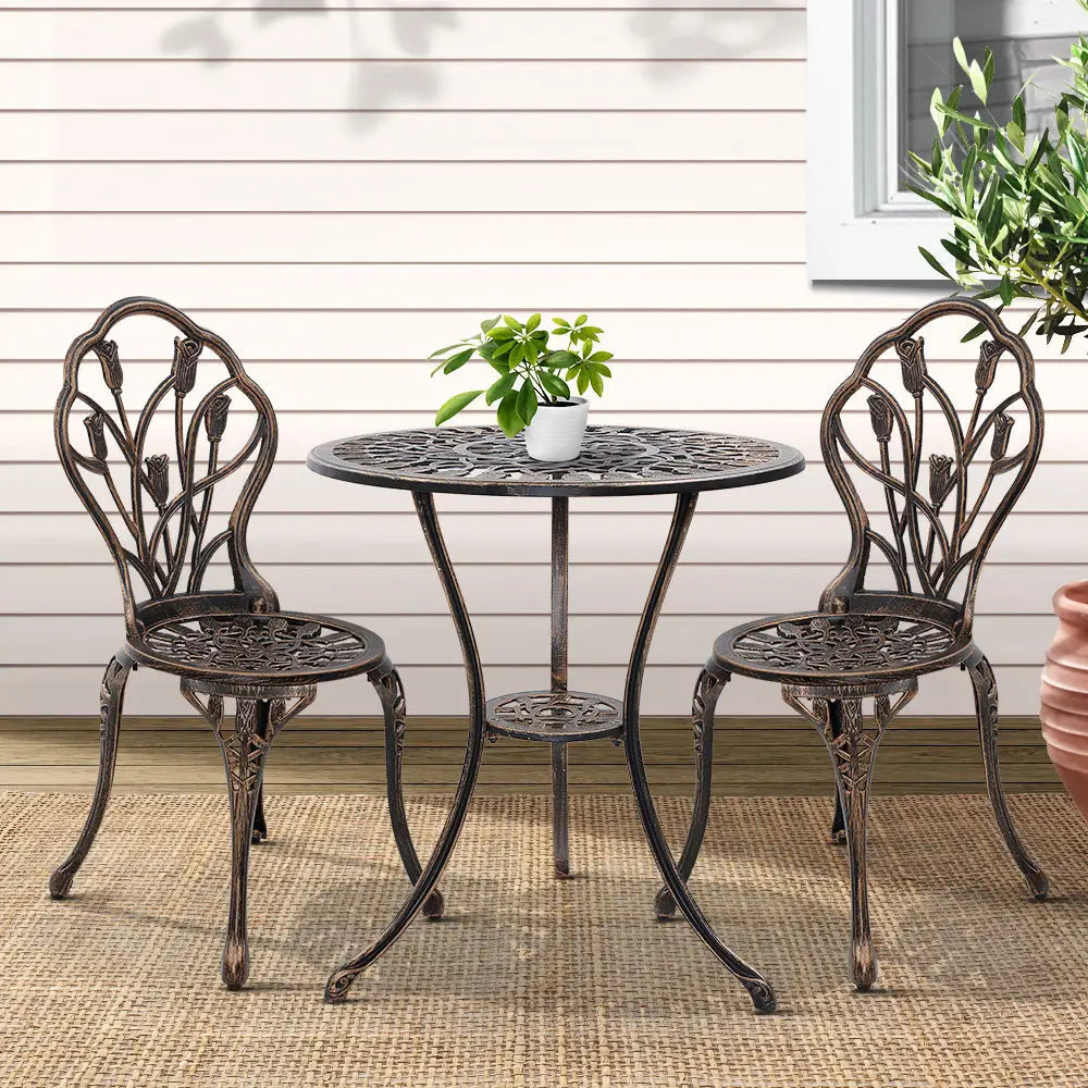 Gardeon 3PC Outdoor Setting Bistro Set Chairs Table Cast Aluminum Patio Furniture Tulip Bronze - Furniture > Outdoor
