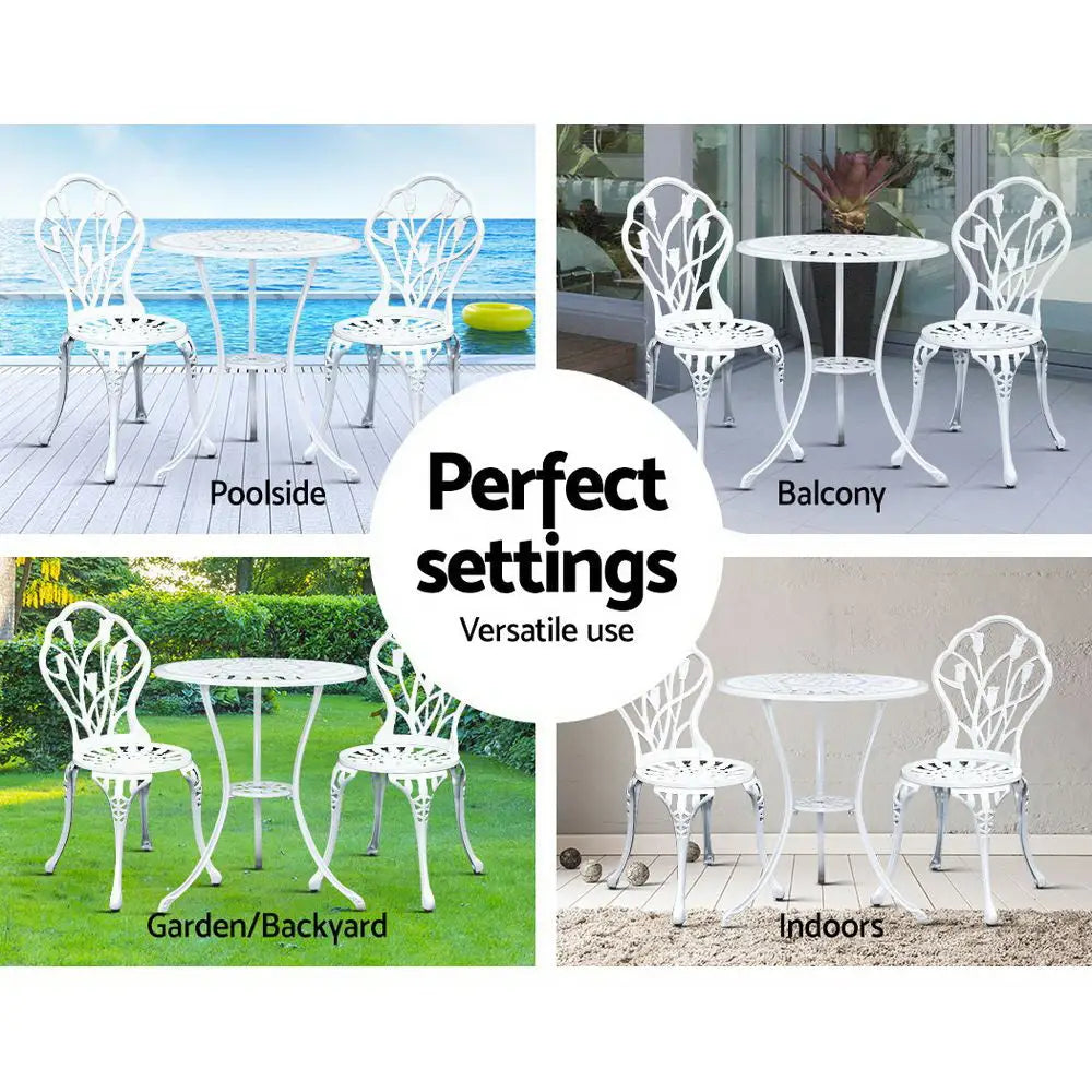 Gardeon 3PC Outdoor Setting Bistro Set Chairs Table Cast Aluminum Patio Furniture Tulip White - Furniture > Outdoor