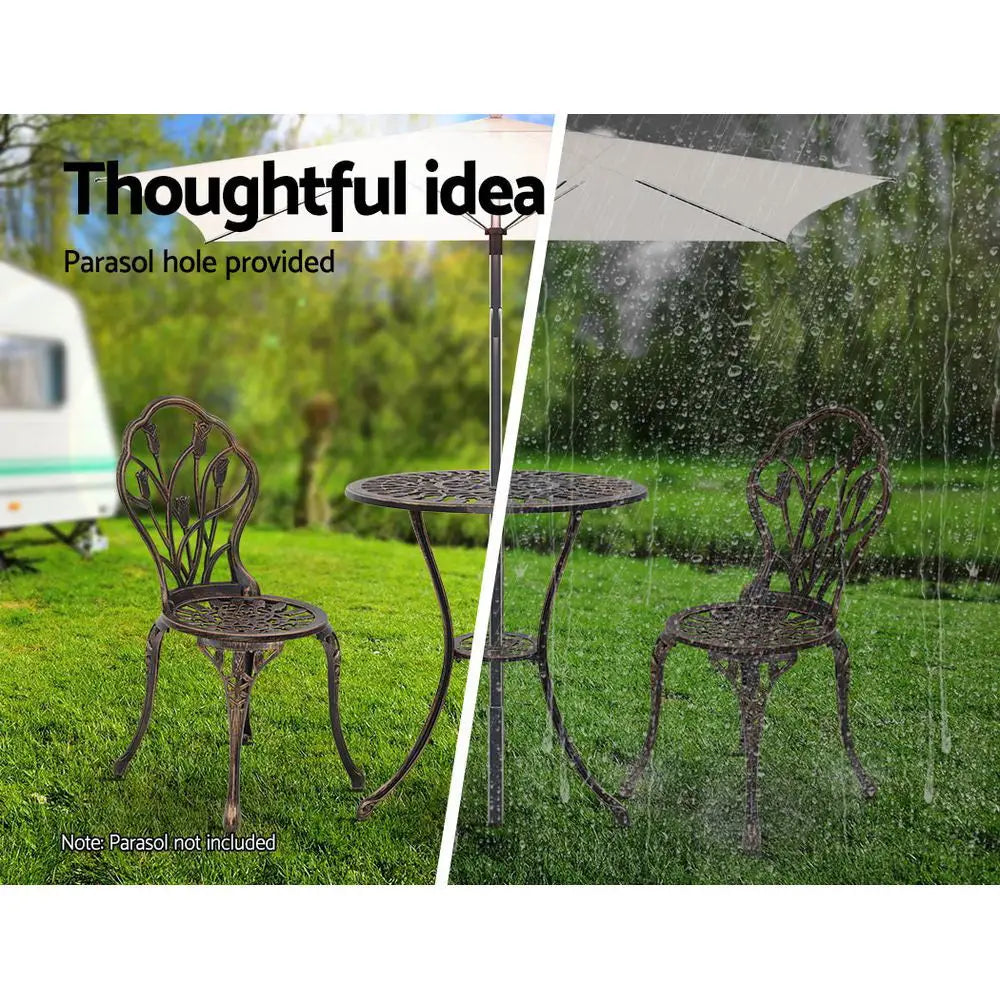Gardeon 3PC Outdoor Setting Bistro Set Chairs Table Cast Aluminum Patio Furniture Tulip Bronze - Furniture > Outdoor