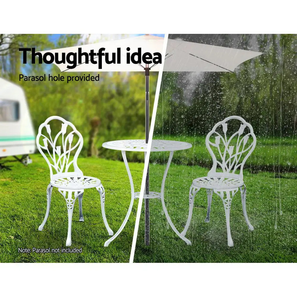 Gardeon 3PC Outdoor Setting Bistro Set Chairs Table Cast Aluminum Patio Furniture Tulip White - Furniture > Outdoor