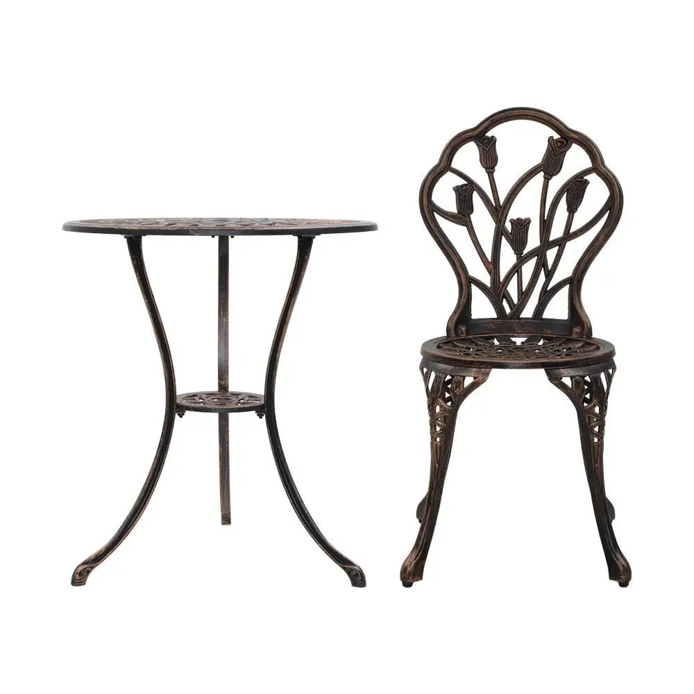 Gardeon 3PC Outdoor Setting Bistro Set Chairs Table Cast Aluminum Patio Furniture Tulip Bronze - Furniture > Outdoor