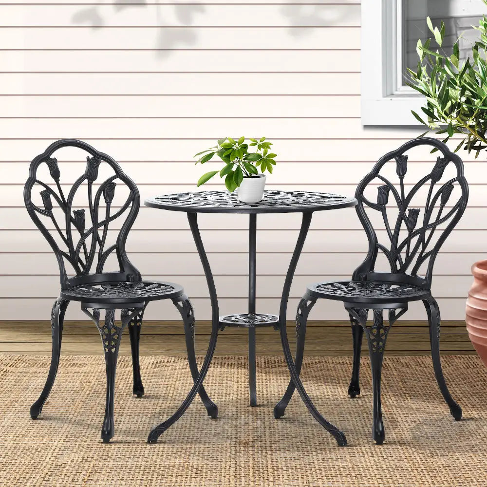 Gardeon 3PC Outdoor Setting Bistro Set Chairs Table Cast Aluminum Patio Furniture Tulip Black - Furniture > Outdoor