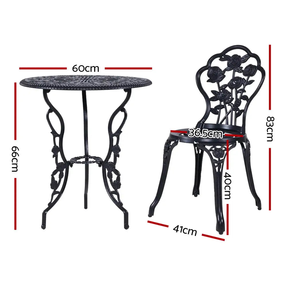 Gardeon 3PC Outdoor Setting Bistro Set Chairs Table Cast Aluminum Rose Black - Furniture > Outdoor