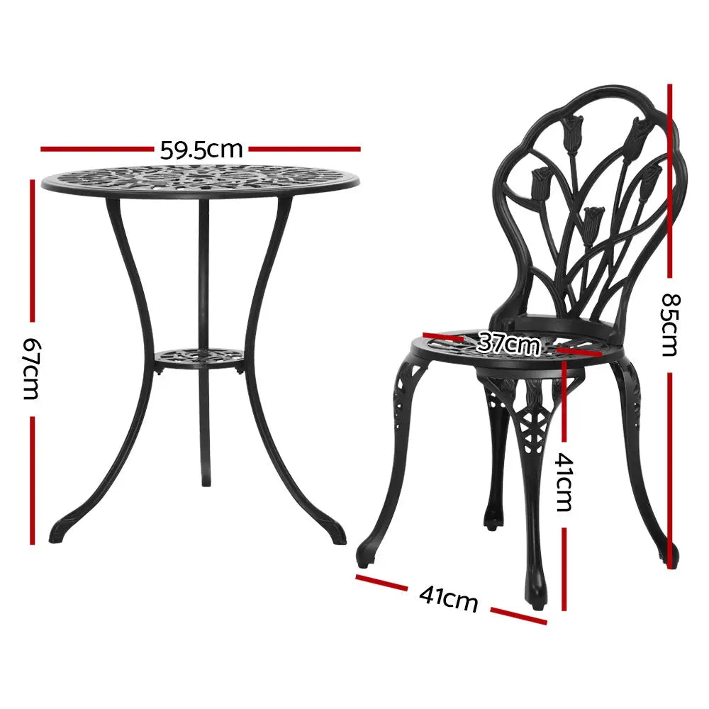 Gardeon 3PC Outdoor Setting Bistro Set Chairs Table Cast Aluminum Patio Furniture Tulip Black - Furniture > Outdoor