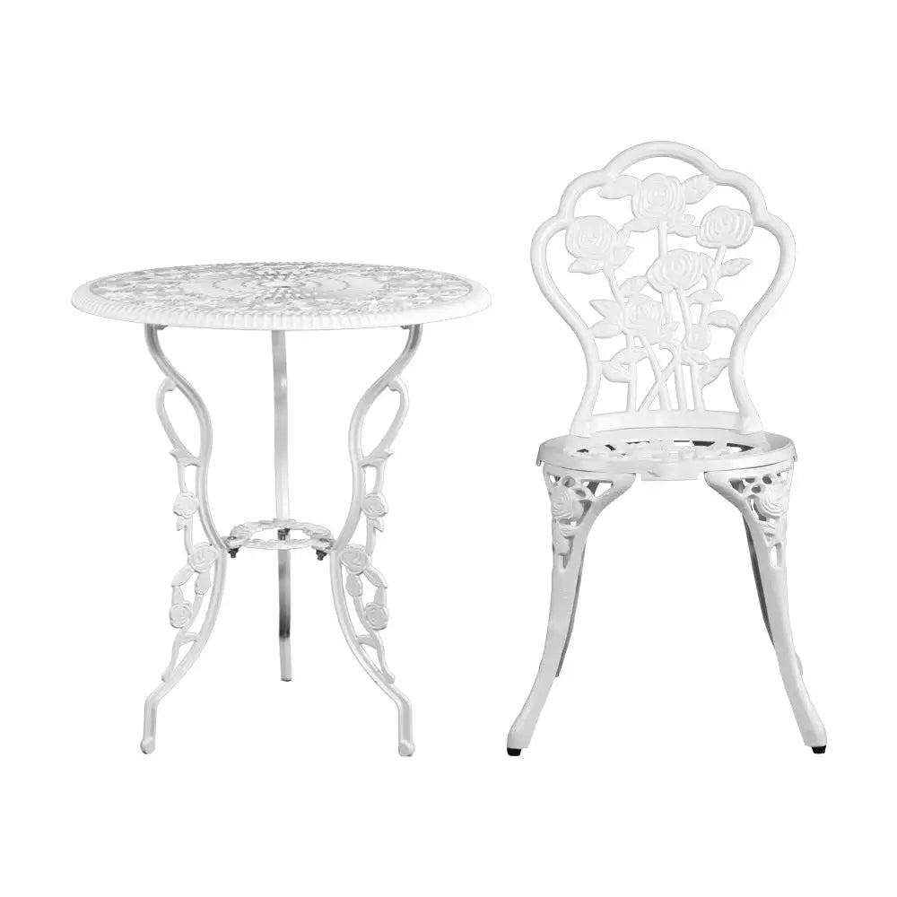 Gardeon 3PC Outdoor Setting Bistro Set Chairs Table Cast Aluminum Patio Furniture Rose White - Furniture > Outdoor
