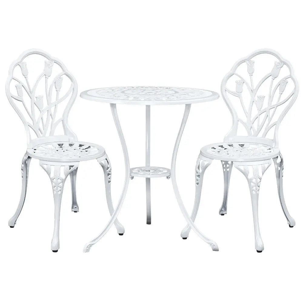 Gardeon 3PC Outdoor Setting Bistro Set Chairs Table Cast Aluminum Patio Furniture Tulip White - Furniture > Outdoor