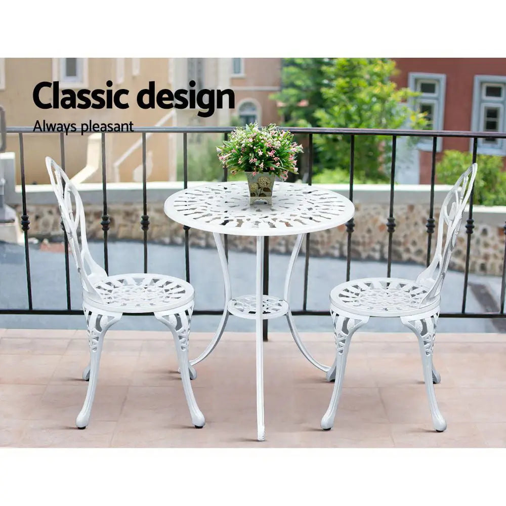 Gardeon 3PC Outdoor Setting Bistro Set Chairs Table Cast Aluminum Patio Furniture Tulip White - Furniture > Outdoor