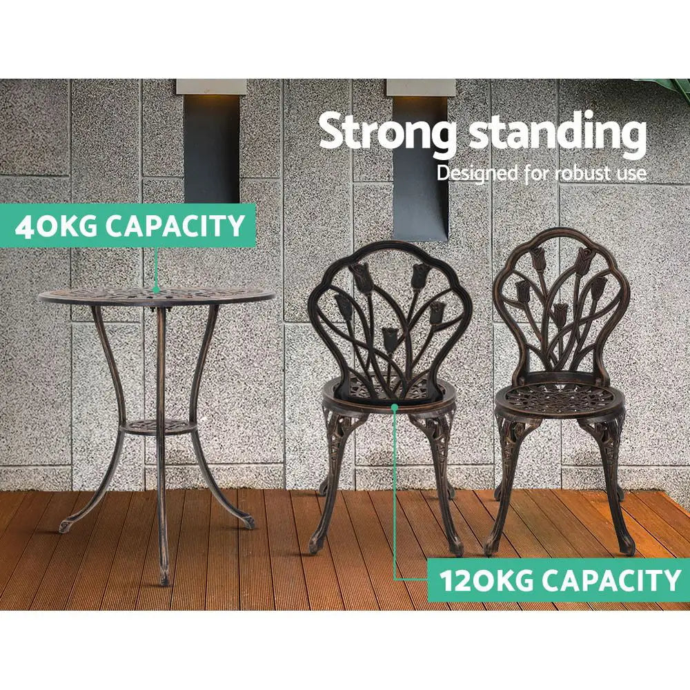 Gardeon 3PC Outdoor Setting Bistro Set Chairs Table Cast Aluminum Patio Furniture Tulip Bronze - Furniture > Outdoor