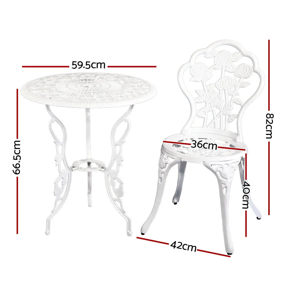 Gardeon 3PC Outdoor Setting Bistro Set Chairs Table Cast Aluminum Patio Furniture Rose White - Furniture > Outdoor
