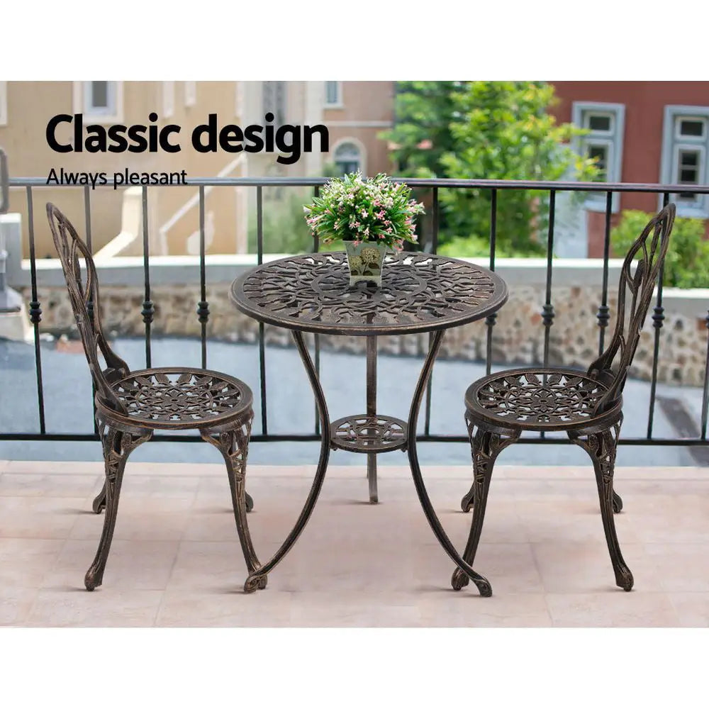 Gardeon 3PC Outdoor Setting Bistro Set Chairs Table Cast Aluminum Patio Furniture Tulip Bronze - Furniture > Outdoor