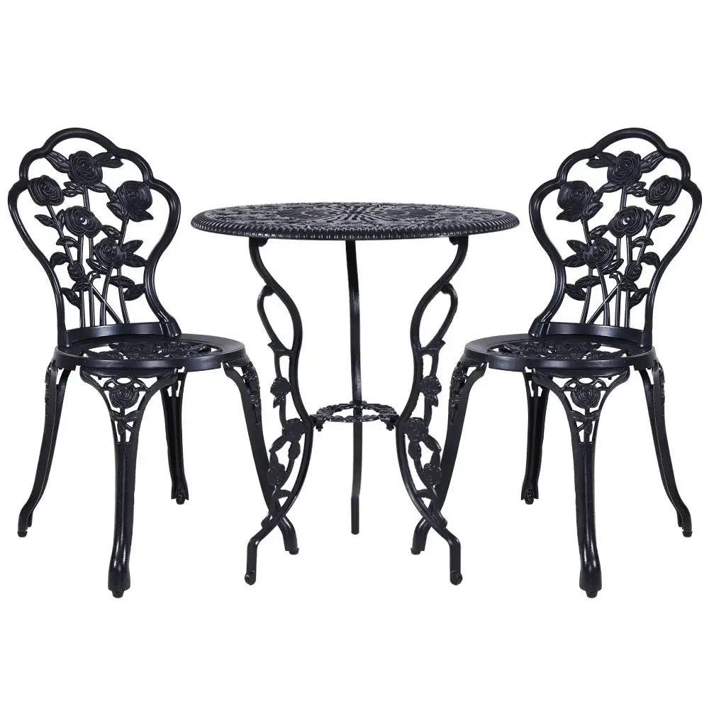 Gardeon 3PC Outdoor Setting Bistro Set Chairs Table Cast Aluminum Rose Black - Furniture > Outdoor