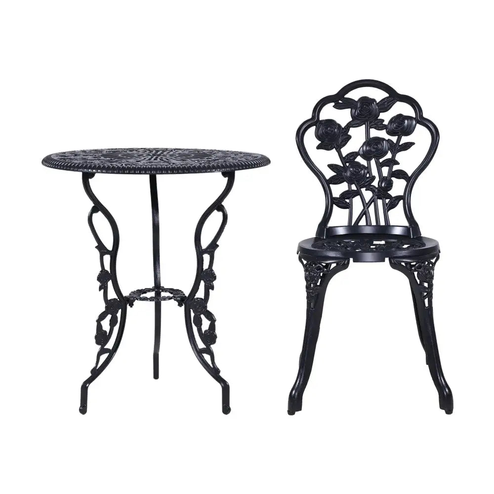 Gardeon 3PC Outdoor Setting Bistro Set Chairs Table Cast Aluminum Rose Black - Furniture > Outdoor