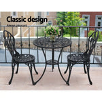 Gardeon 3PC Outdoor Setting Bistro Set Chairs Table Cast Aluminum Patio Furniture Tulip Black - Furniture > Outdoor