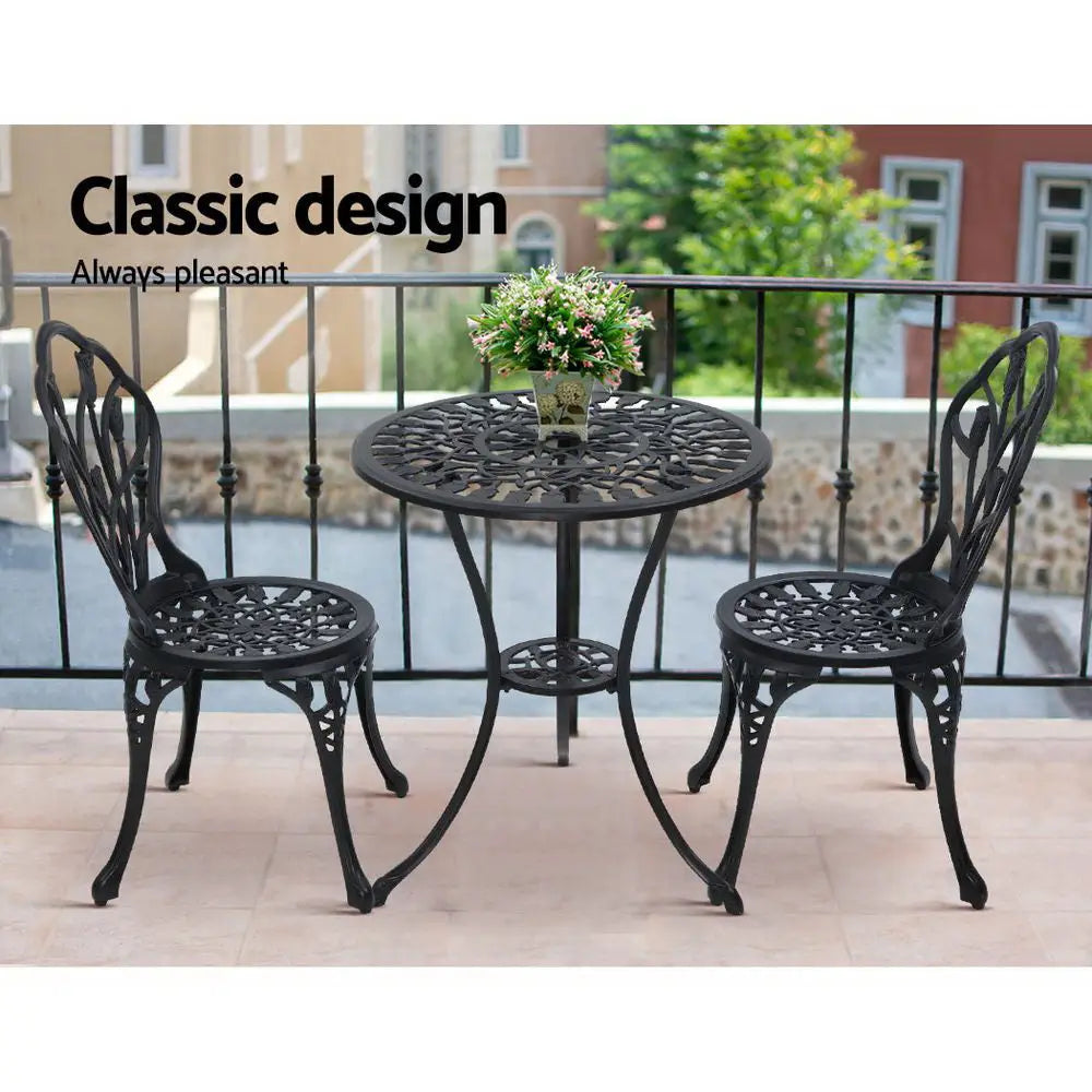 Gardeon 3PC Outdoor Setting Bistro Set Chairs Table Cast Aluminum Patio Furniture Tulip Black - Furniture > Outdoor