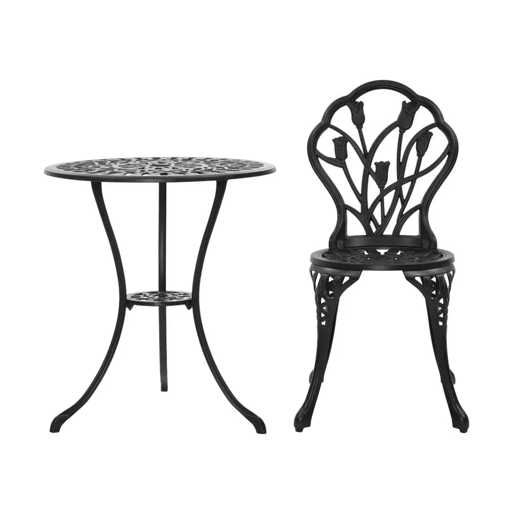 Gardeon 3PC Outdoor Setting Bistro Set Chairs Table Cast Aluminum Patio Furniture Tulip Black - Furniture > Outdoor