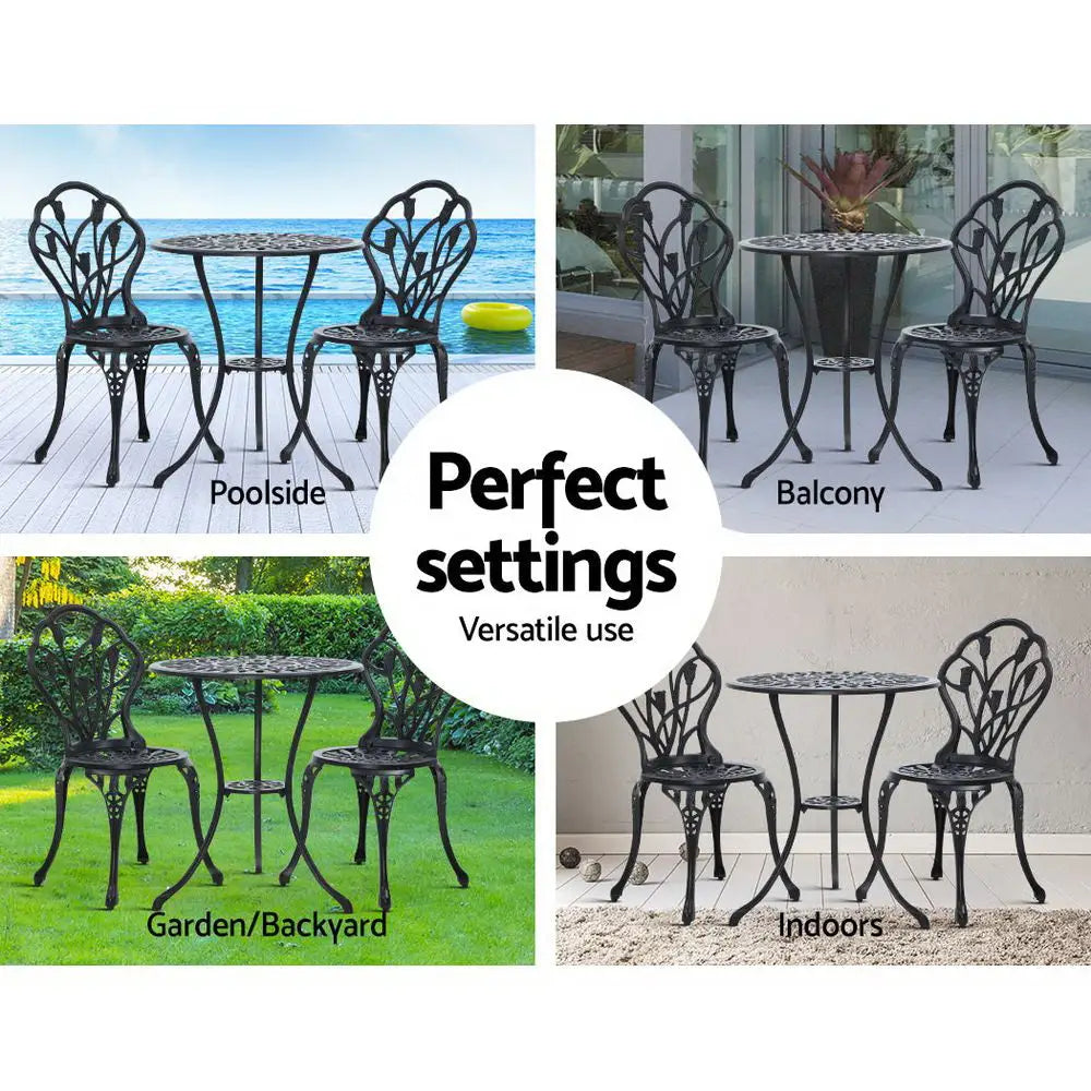 Gardeon 3PC Outdoor Setting Bistro Set Chairs Table Cast Aluminum Patio Furniture Tulip Black - Furniture > Outdoor