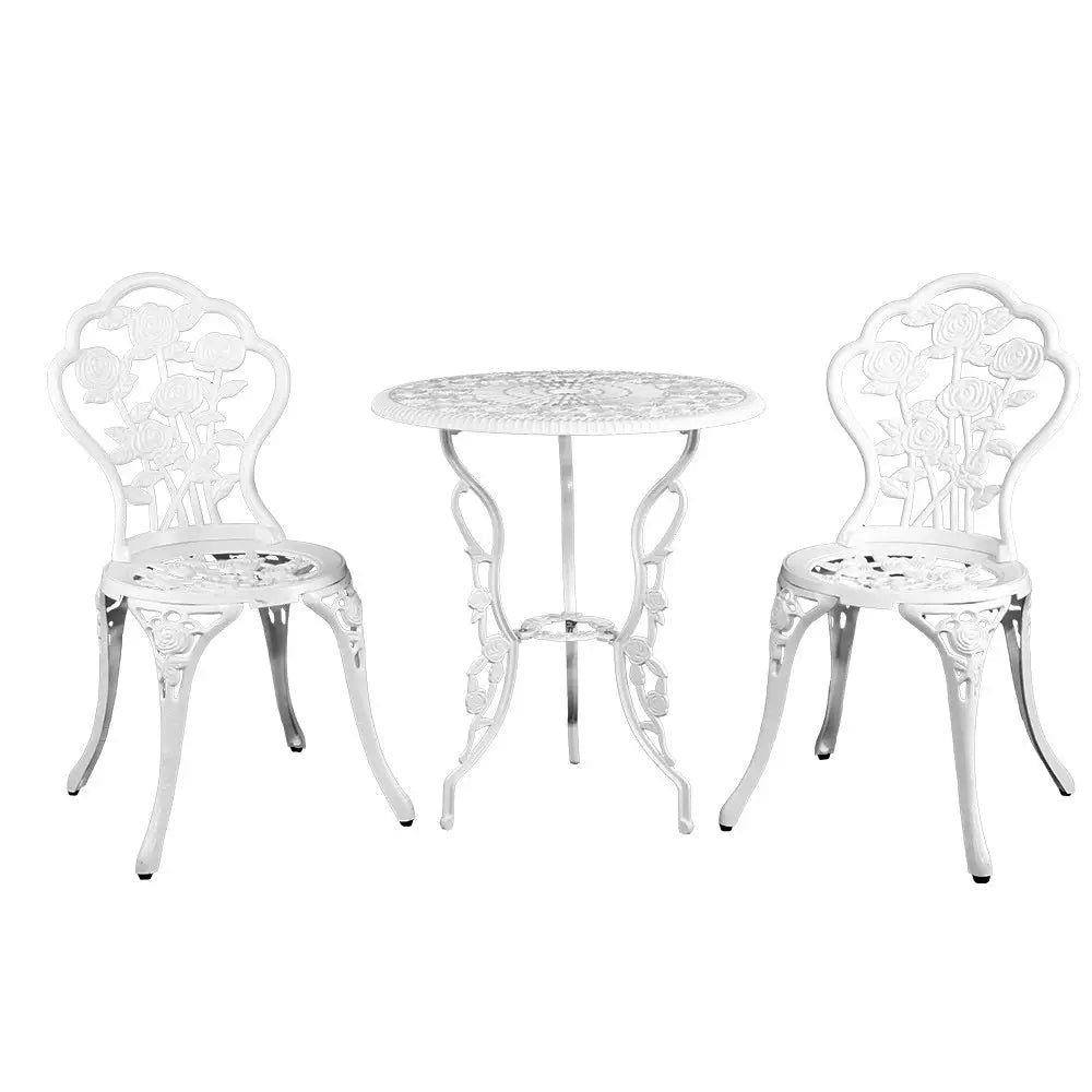 Gardeon 3PC Outdoor Setting Bistro Set Chairs Table Cast Aluminum Patio Furniture Rose White - Furniture > Outdoor