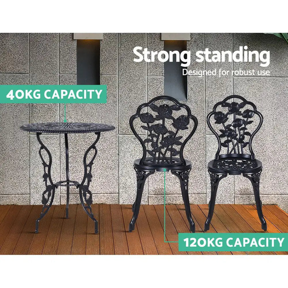 Gardeon 3PC Outdoor Setting Bistro Set Chairs Table Cast Aluminum Rose Black - Furniture > Outdoor