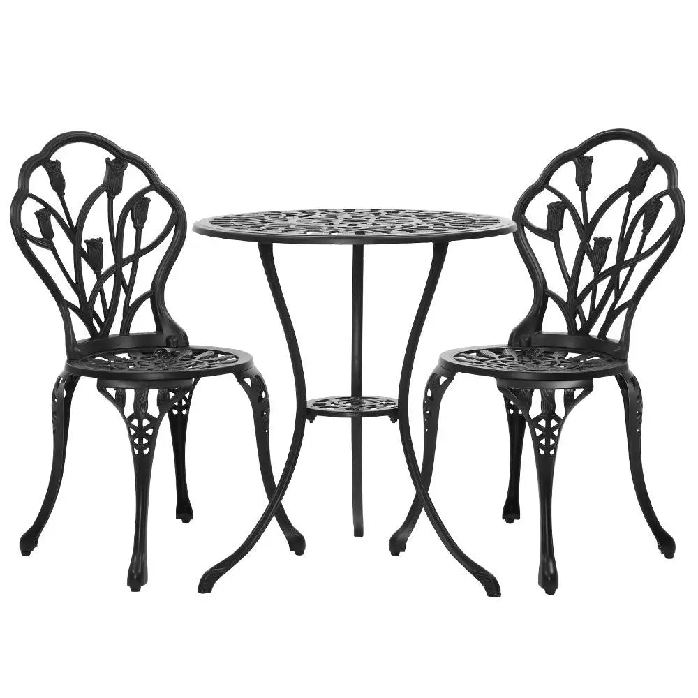Gardeon 3PC Outdoor Setting Bistro Set Chairs Table Cast Aluminum Patio Furniture Tulip Black - Furniture > Outdoor
