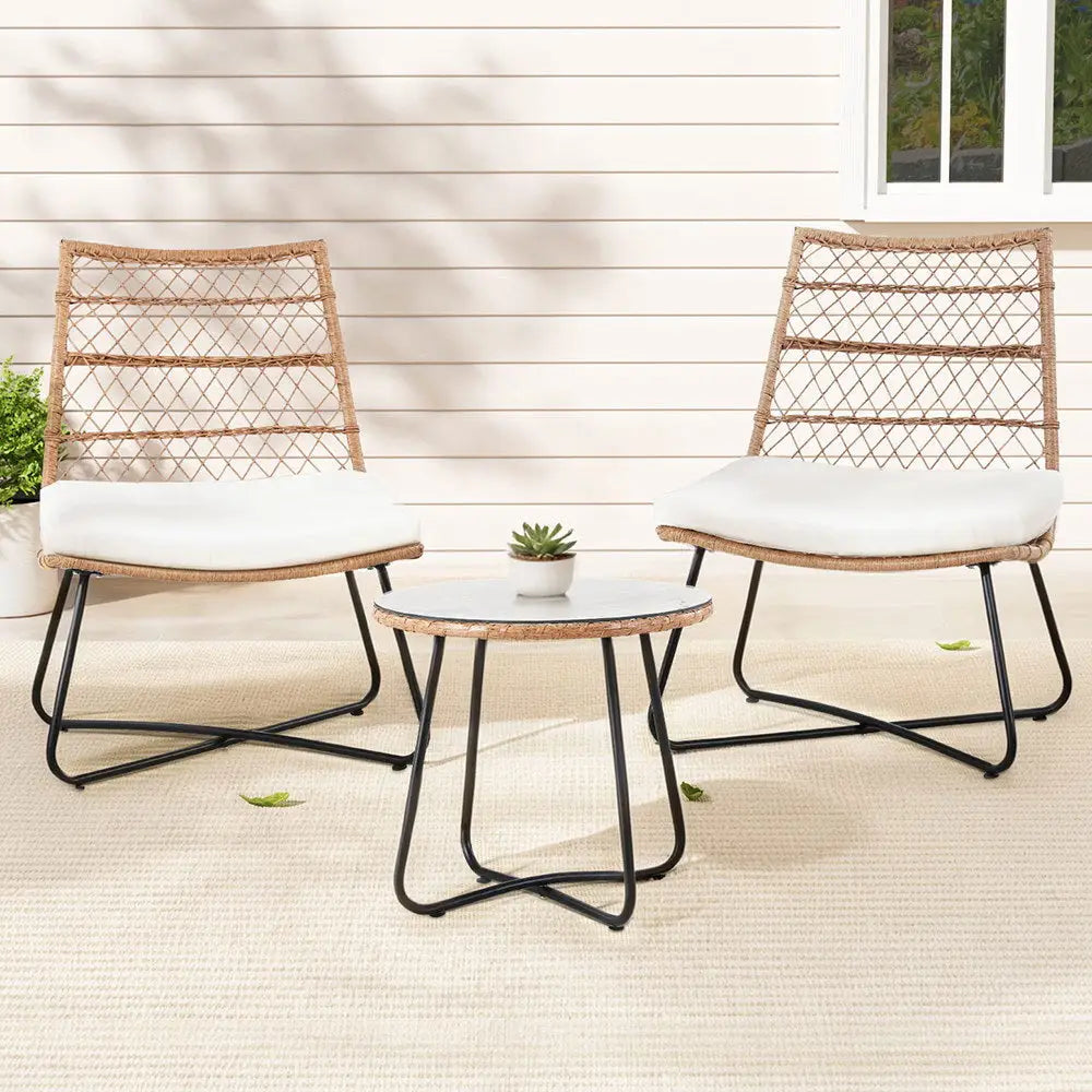 Gardeon 3PC Outdoor Setting Wicker Bistro Set Table Chairs Patio Furniture Brown - Furniture > Outdoor > Outdoor Benches