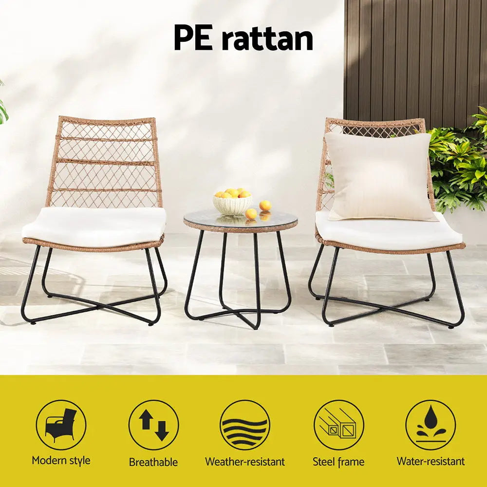 Gardeon 3PC Outdoor Setting Wicker Bistro Set Table Chairs Patio Furniture Brown - Furniture > Outdoor > Outdoor Benches