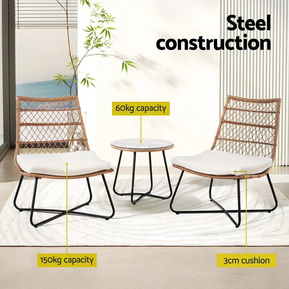 Gardeon 3PC Outdoor Setting Wicker Bistro Set Table Chairs Patio Furniture Brown - Furniture > Outdoor > Outdoor Benches